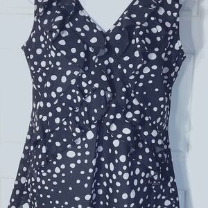 Spense Black Ruffle Tiered Polka Dot Tank M